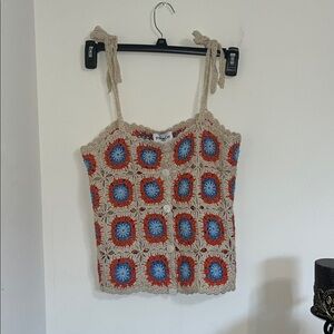 FRNCH Crochet Tank Top with Blue and Red Accents
